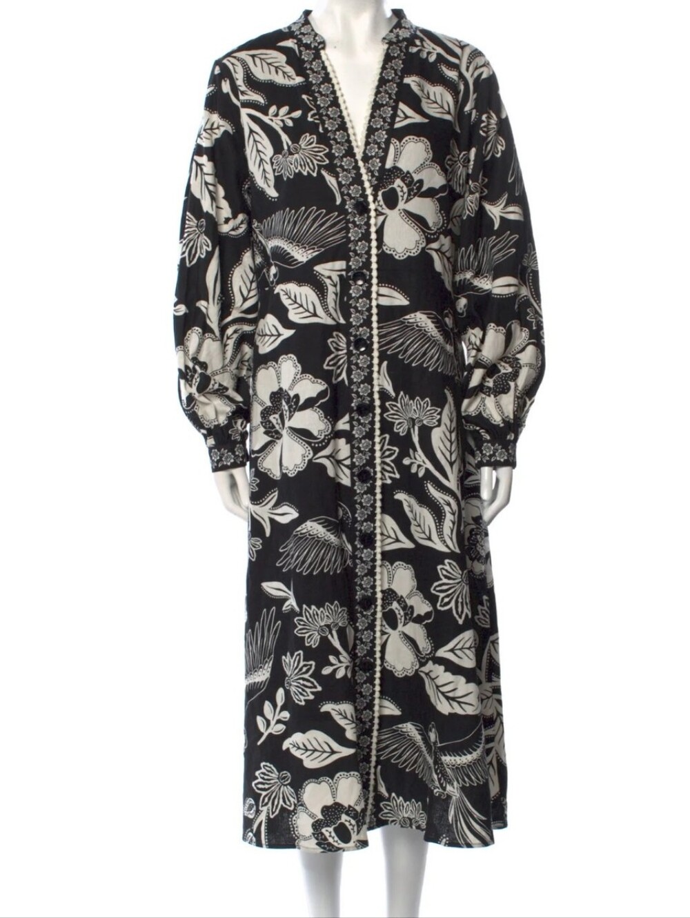 Christian Lacroix Black & White Floral Linen Blend V-neck Midi Dress M